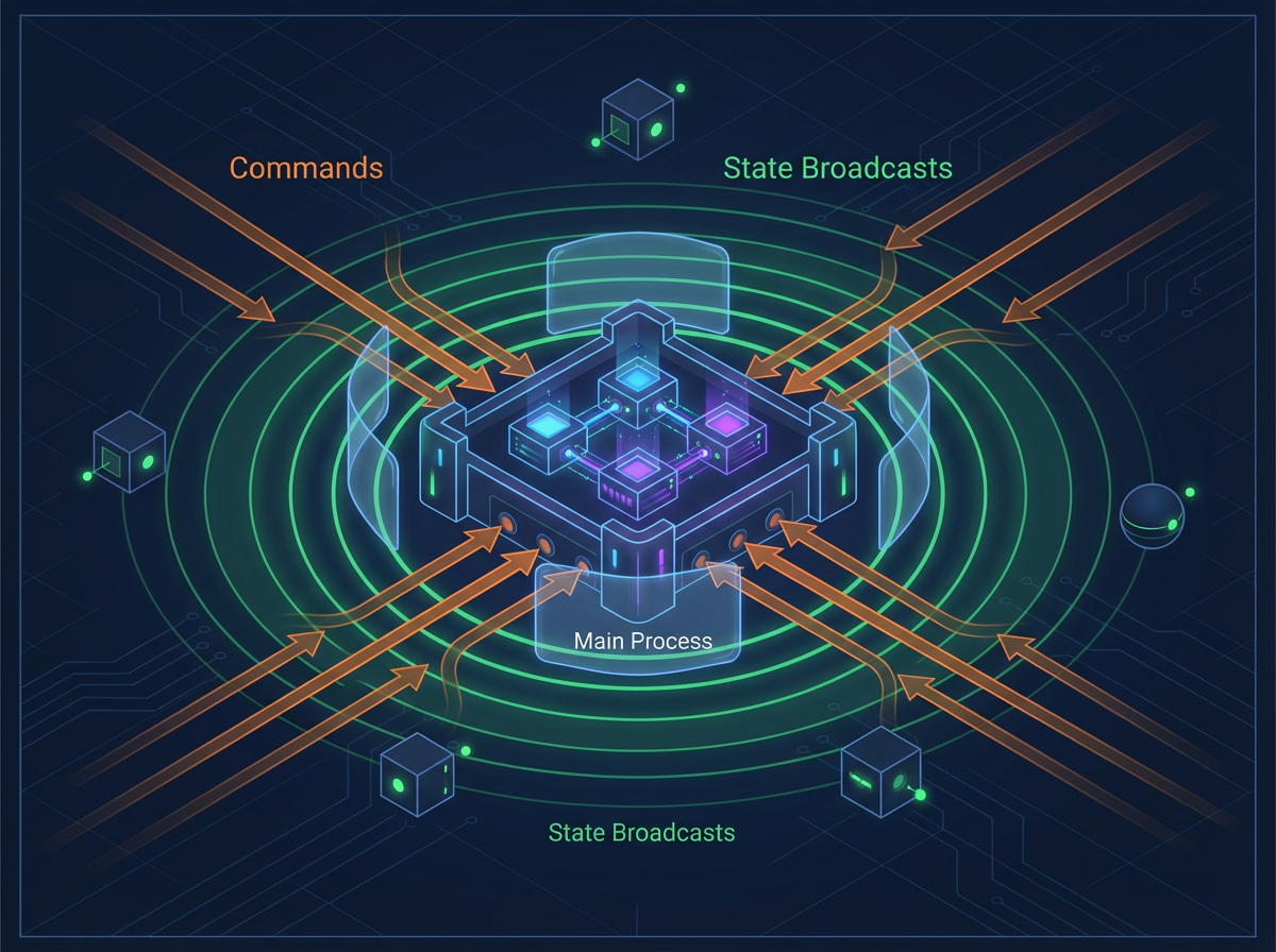 A polished visualization of the Command Pattern and State Broadcasting, replacing the need for the reader to mentally visualize the text-based flow.
