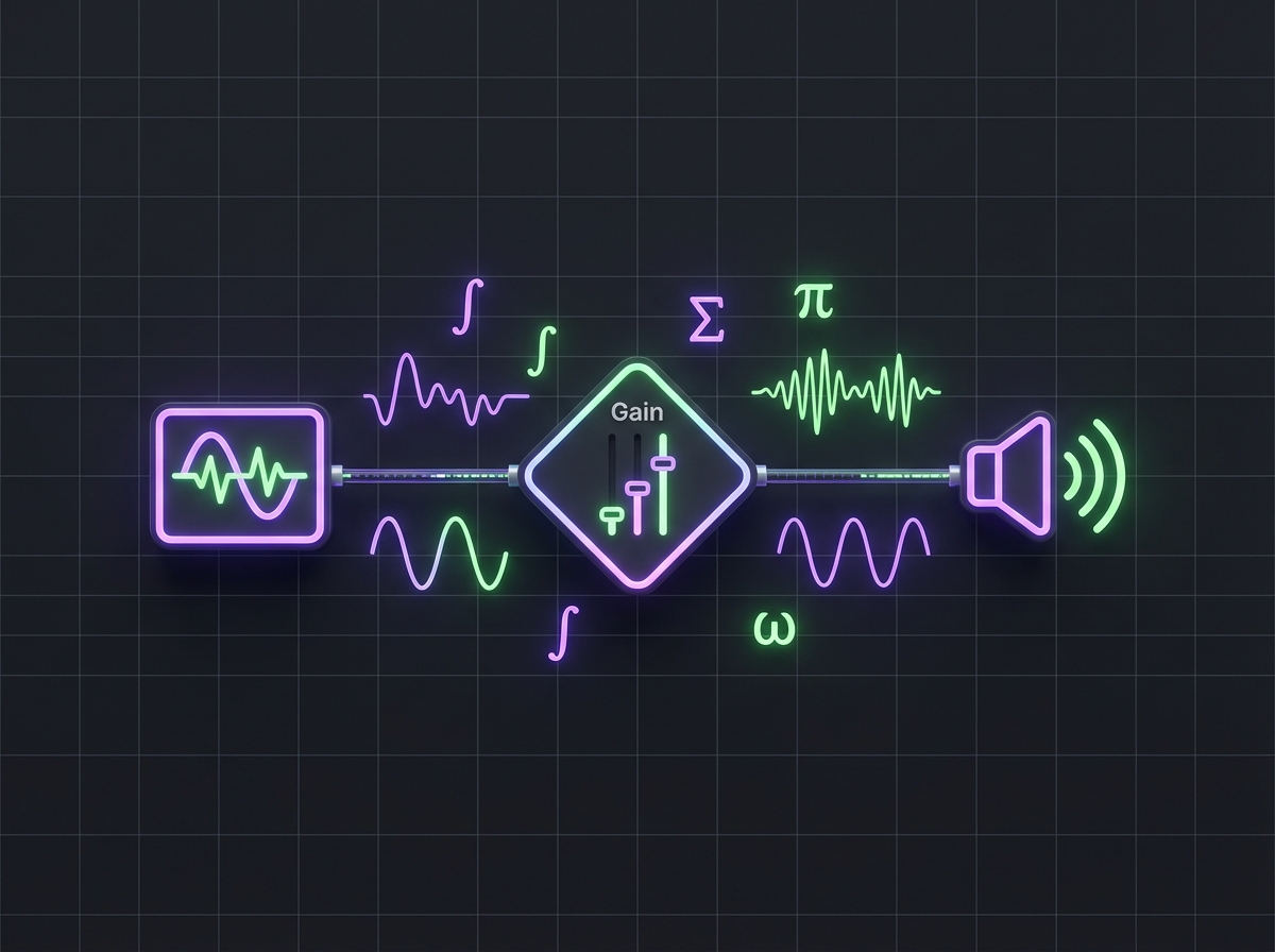 A visualization of the audio signal path (Oscillator -> Gain -> Destination) discussed in the Web Audio API section.