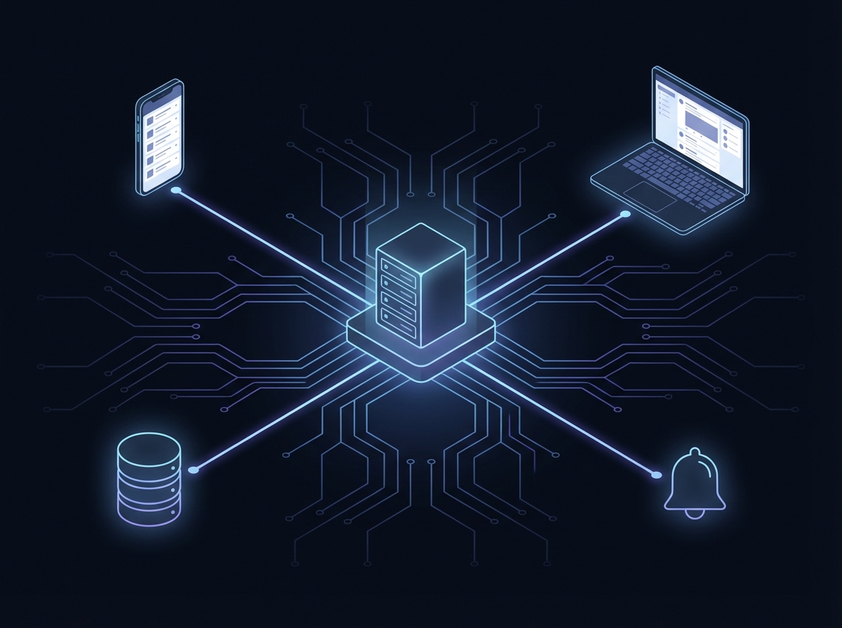 An illustration of the RSS ecosystem, showing Miniflux as the central hub connecting to devices and other services.